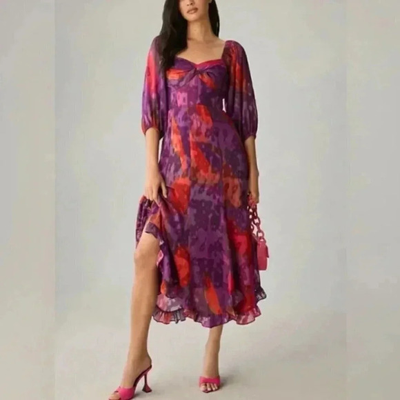 NWT Anthropologie HUTCH Printed Twist Puff Sleeve Ruffle Tie Dye Midi Dress XSP - Picture 1 of 6